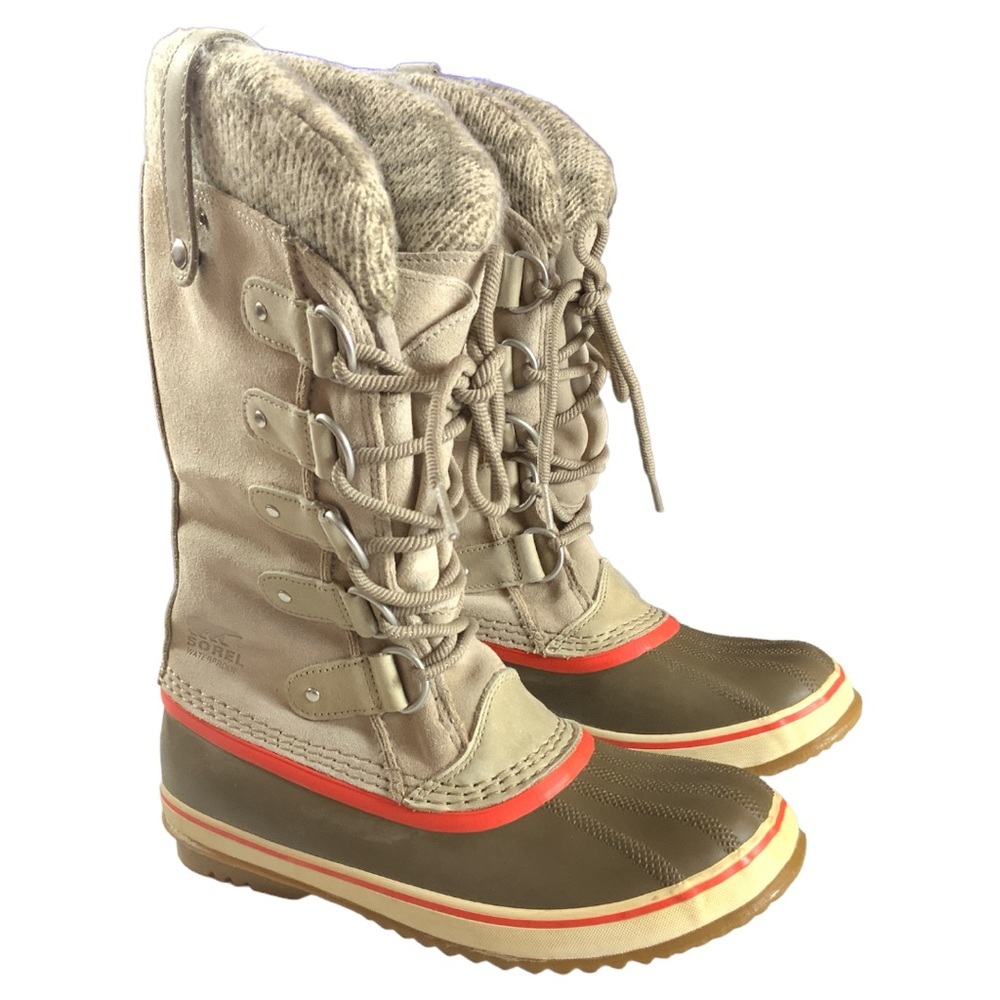 Sorel Joan Of Artic taupe beige lace up rubber boots knit suede tall boots 7.5